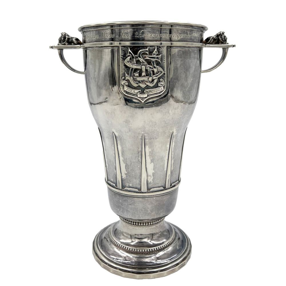 Lot 158: A GOOD SIZED SILVER TWO HANDLED VASE BY...