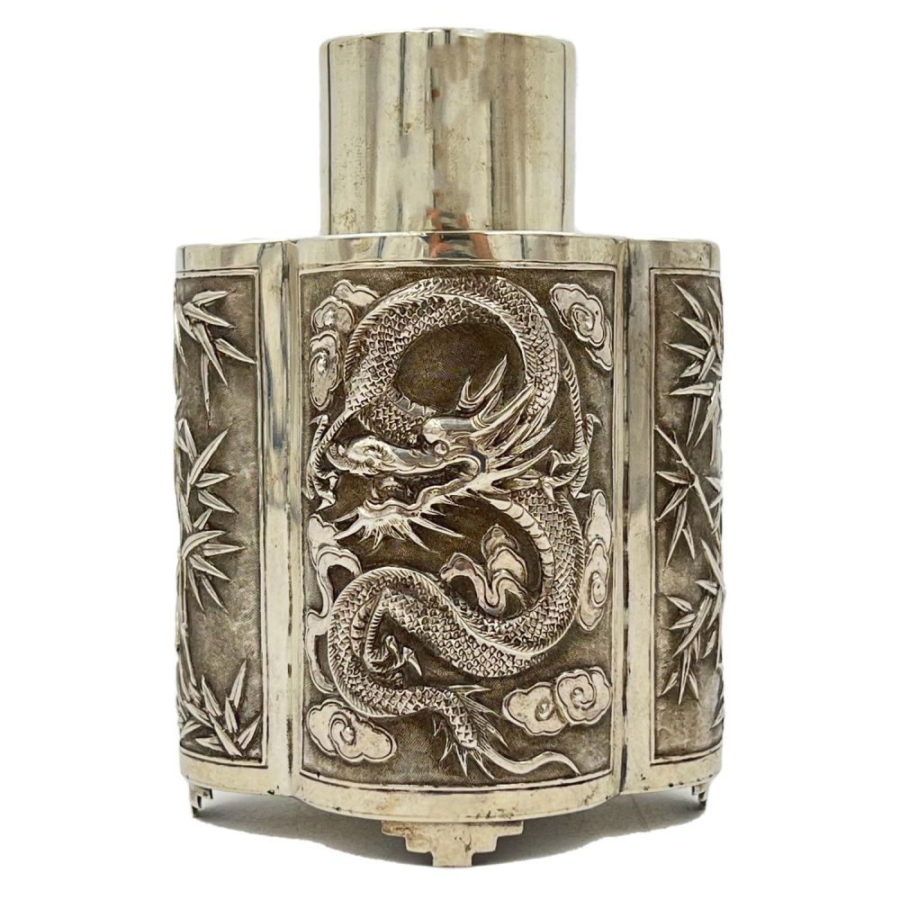 Lot 184: A CHINESE SILVER TEA CADDY WITH BAMBOO AND...