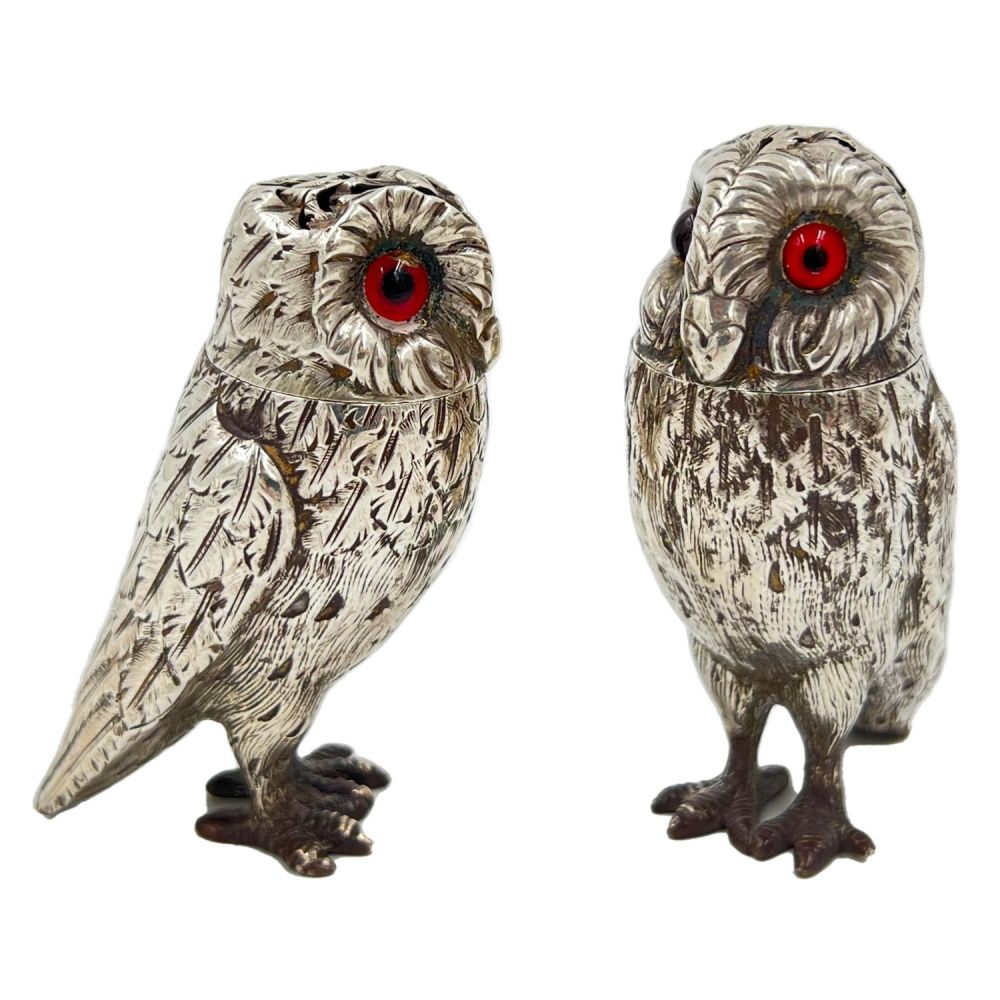 Lot 216: A FINE CASED MATCHED PAIR OF SILVER OWL...