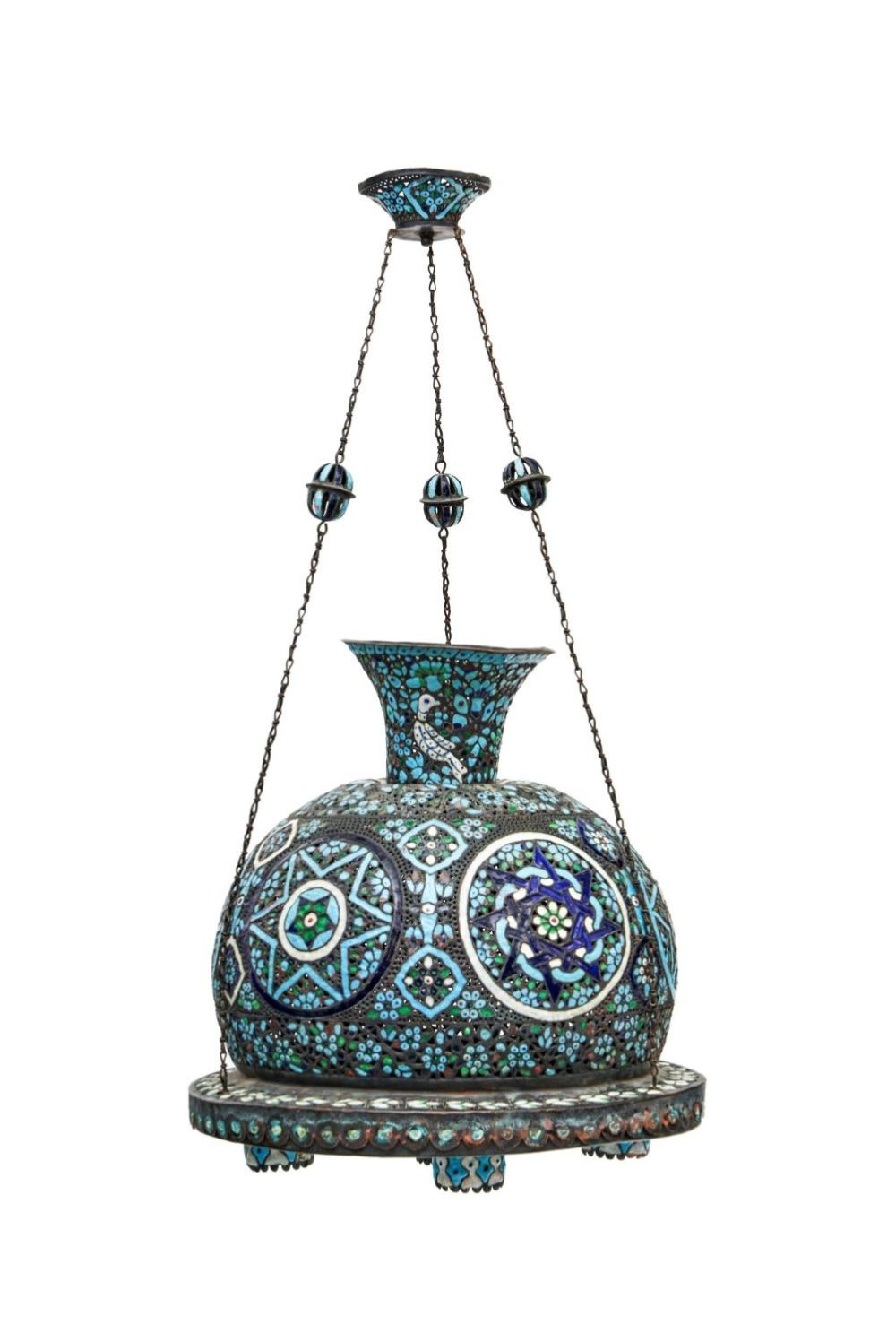 Lot 251: A MONUMENTAL ROUND DAMASCUS ENAMELLED COPPER MOSQUE LAMP,...