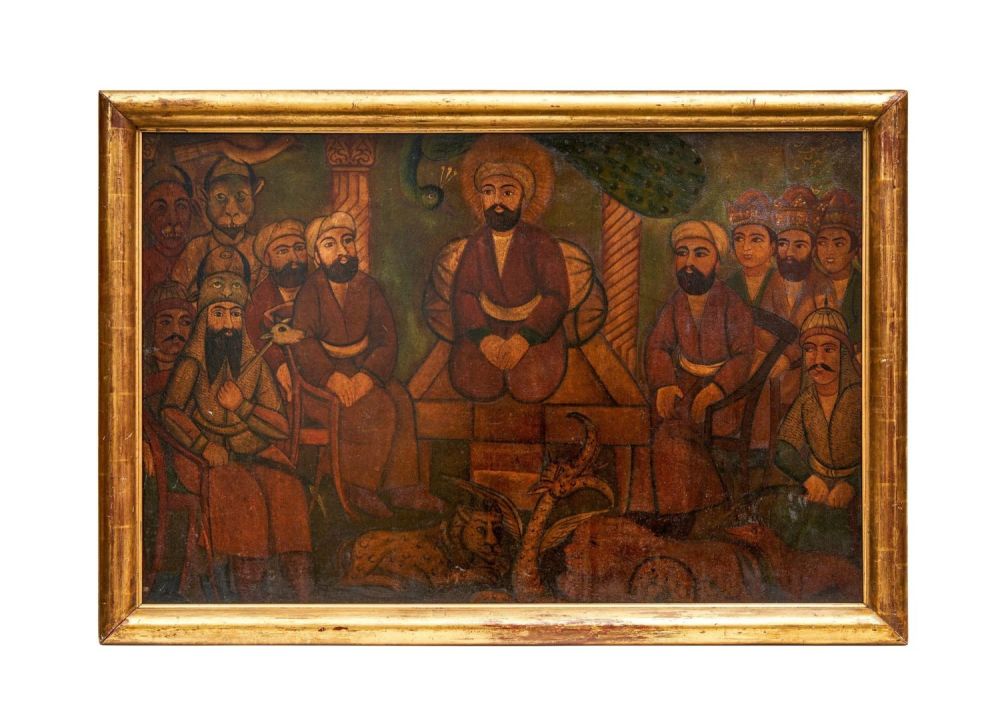 Lot 252: OIL ON CANVAS QAJAR PAINTING DEPICTING A SEATED...