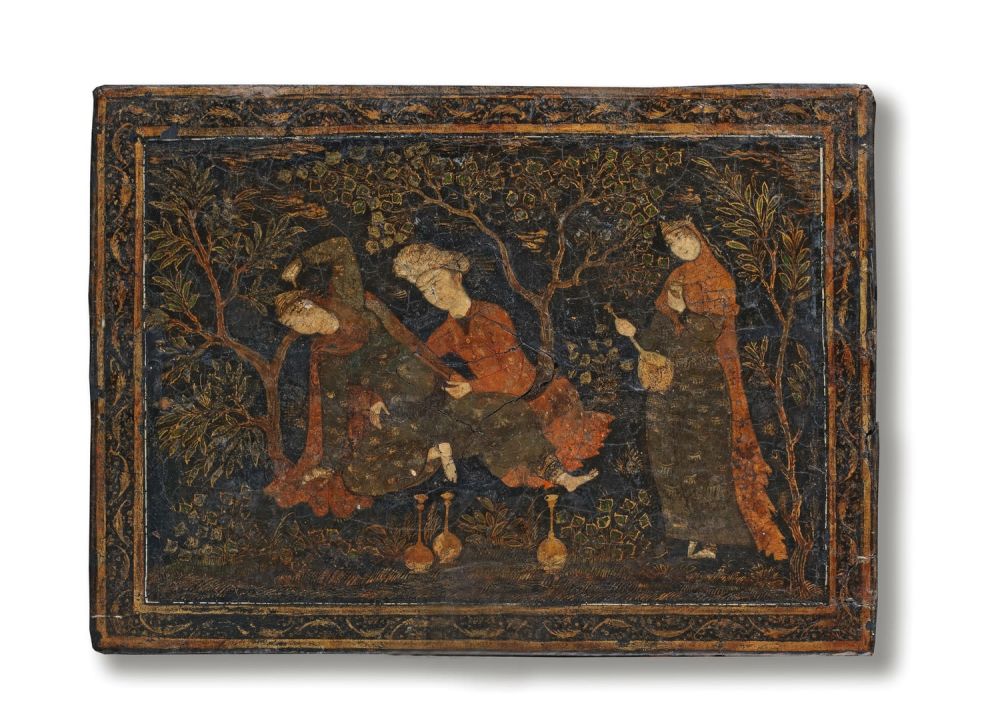 Lot 256: SAFAVID PAINTED LACQUER PANEL, PERSIA, PERHAPS ISFAHAN, SECOND...