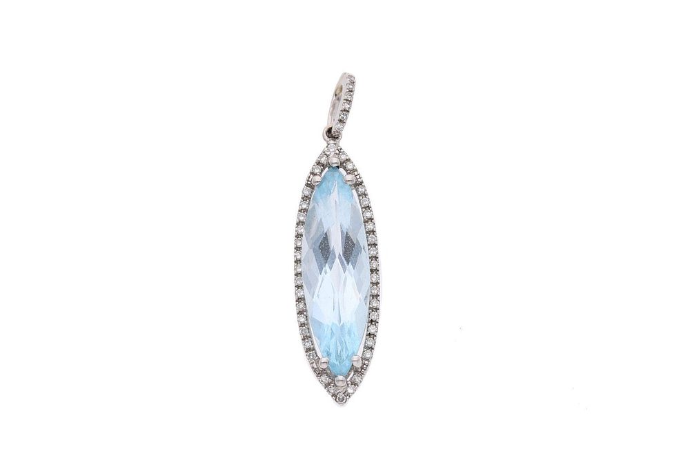 Lot 194: 9ct White Gold Marquise Cut Blue Topaz and Diamond Pendant.