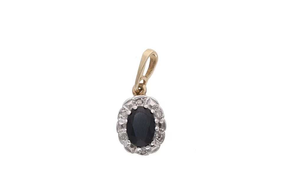 Lot 196: 9ct Gold Sapphire and Diamond Cluster Pendant.