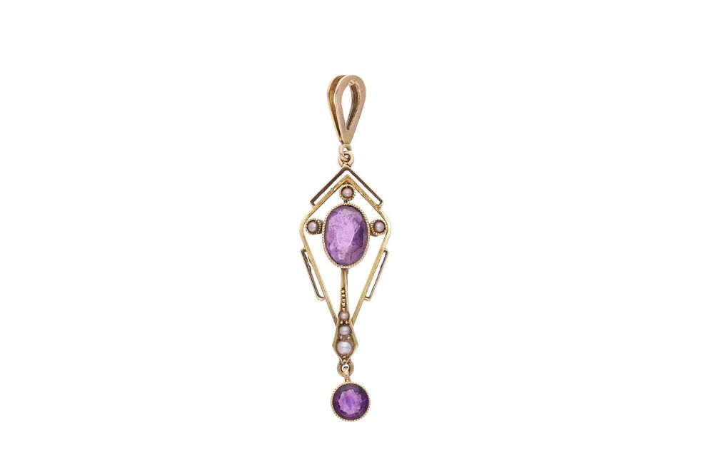 Lot 214: 18ct Gold Amethyst and Pearl Pendant.