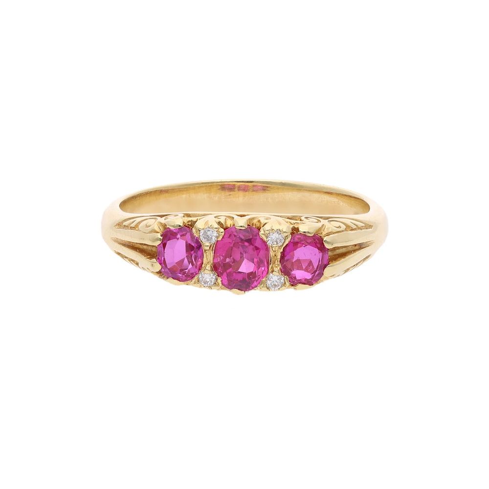 Lot 227: 18ct Gold Ruby and Diamond Three Stone Ring, Size 6.75 | N