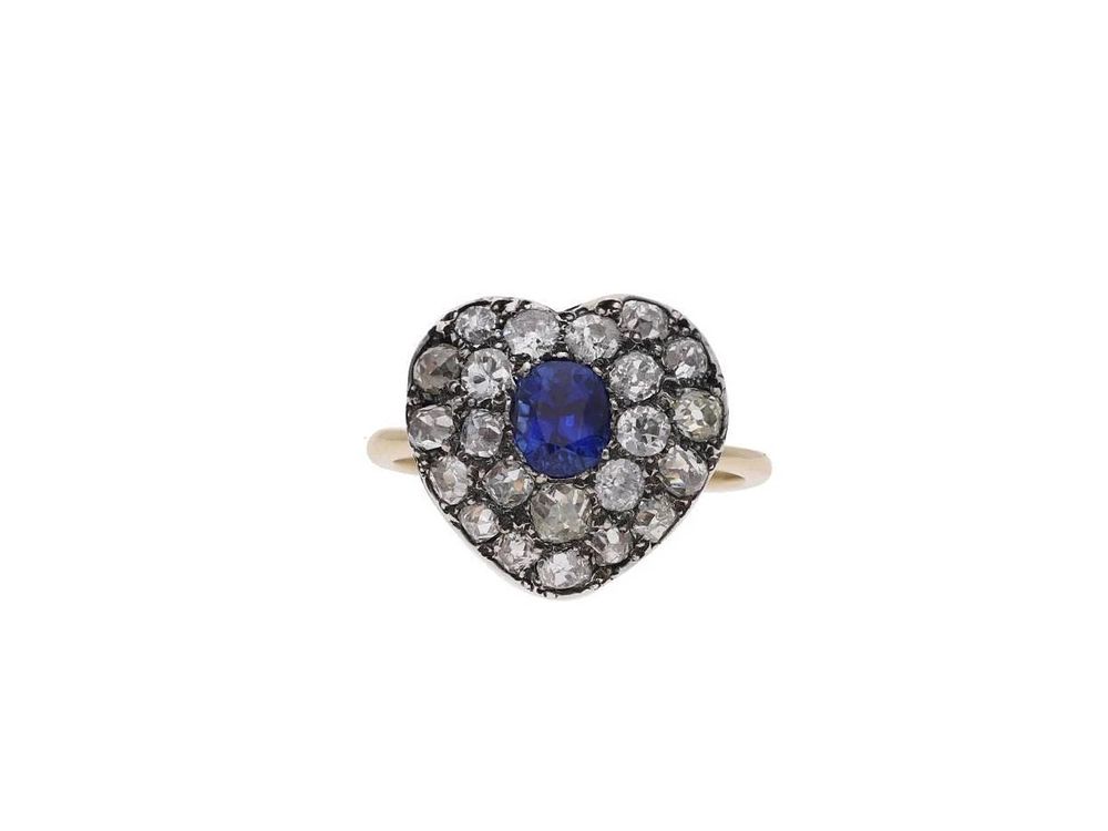 Lot 240: Victorian 18ct Gold Sapphire and Diamond Heart Cluster Ring.