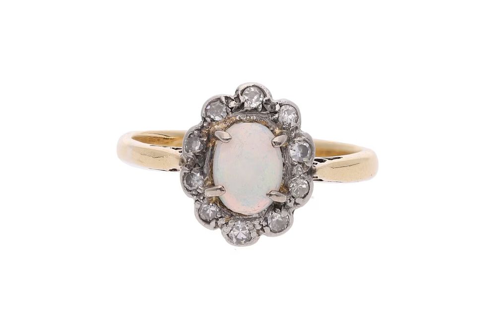 Lot 299: 18ct Gold Opal and Diamond Cluster Ring, Size L 1/2.