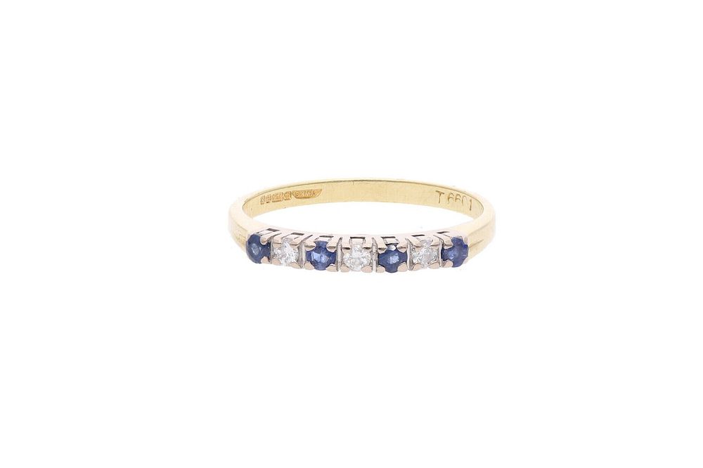 Lot 314: 18ct Gold Sapphire and Diamond Half Eternity Ring, Size 6 US | Size M UK