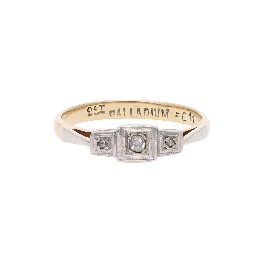 Lot 334: Antique 9ct Gold Palladium and Diamond three Stone Ring, Size 5.75 | L