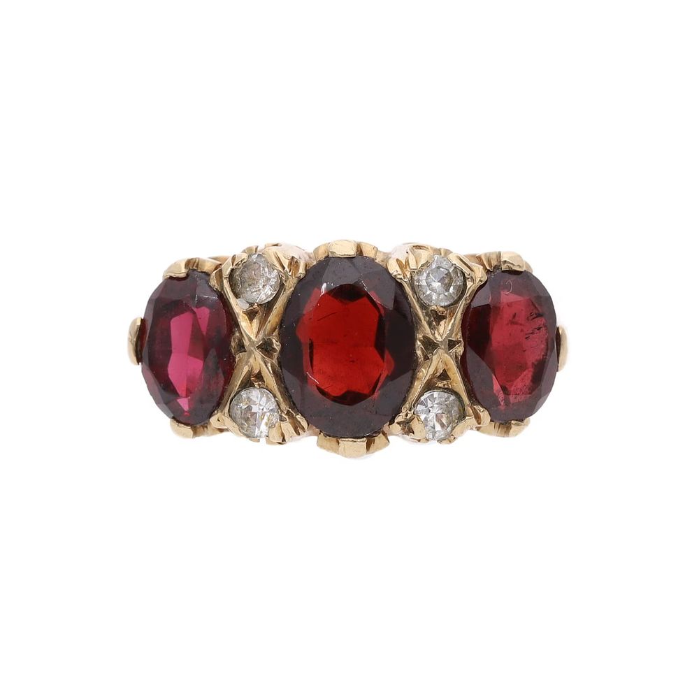 Lot 344: 9ct Gold Garnet and Clear Gem Three Stone Ring, Size 5.25 | K