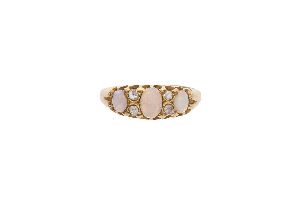 Lot 382: 18ct Gold Opal and Diamond Ring, Size L.