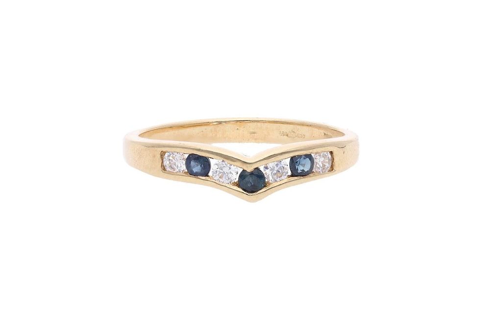 Lot 390: 9ct Gold Sapphire and Cz Wishbone Ring, Size 7.5 US | Size P UK