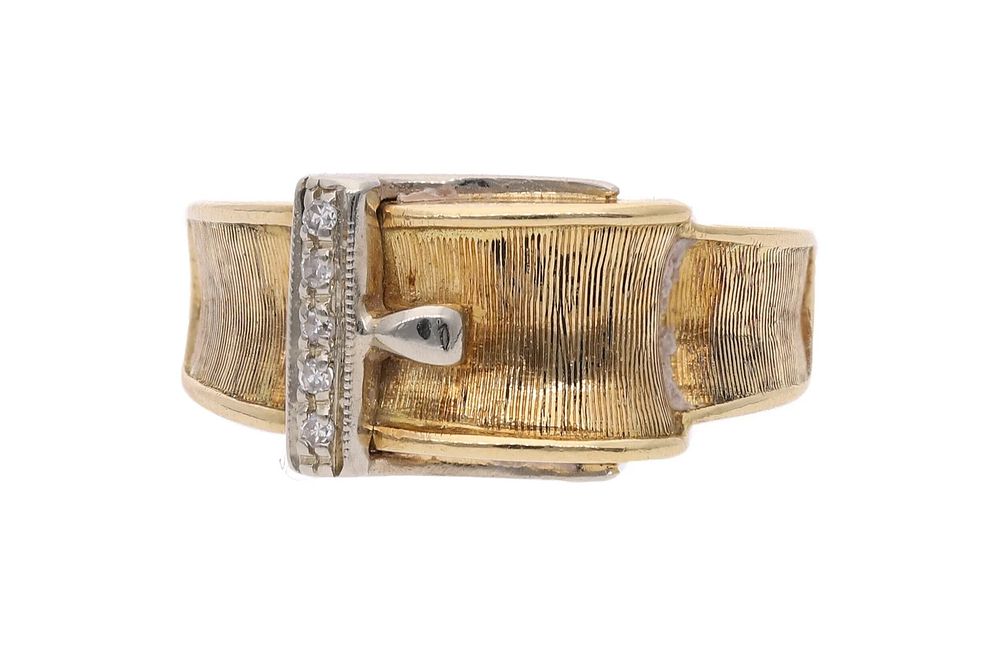 Lot 409: Quality 18ct Gold and Diamond Buckle Ring, Size 6.5 US | Size N UK