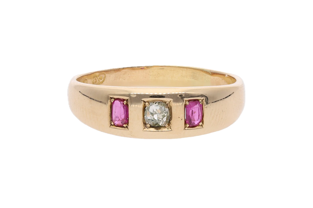 Lot 421: Antique 18ct Gold Ruby and Diamond Trilogy Ring, Size 8.25 US | Size Q 1/2 UK