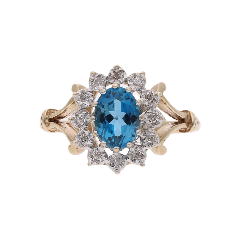 Lot 425: Vintage 9ct Gold Blue Topaz and Diamond Cluster Ring, Size S.