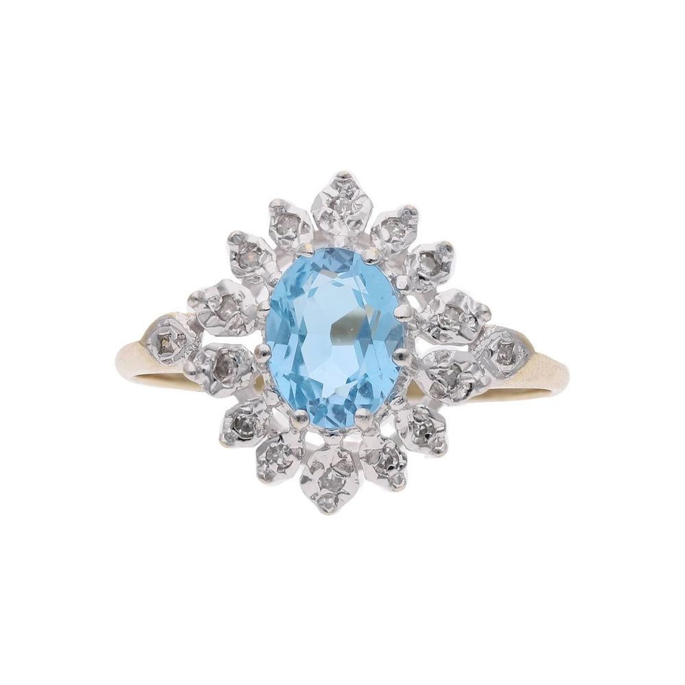 Lot 429: 9ct Gold Blue Topaz and Diamond Cluster Ring, Size R.