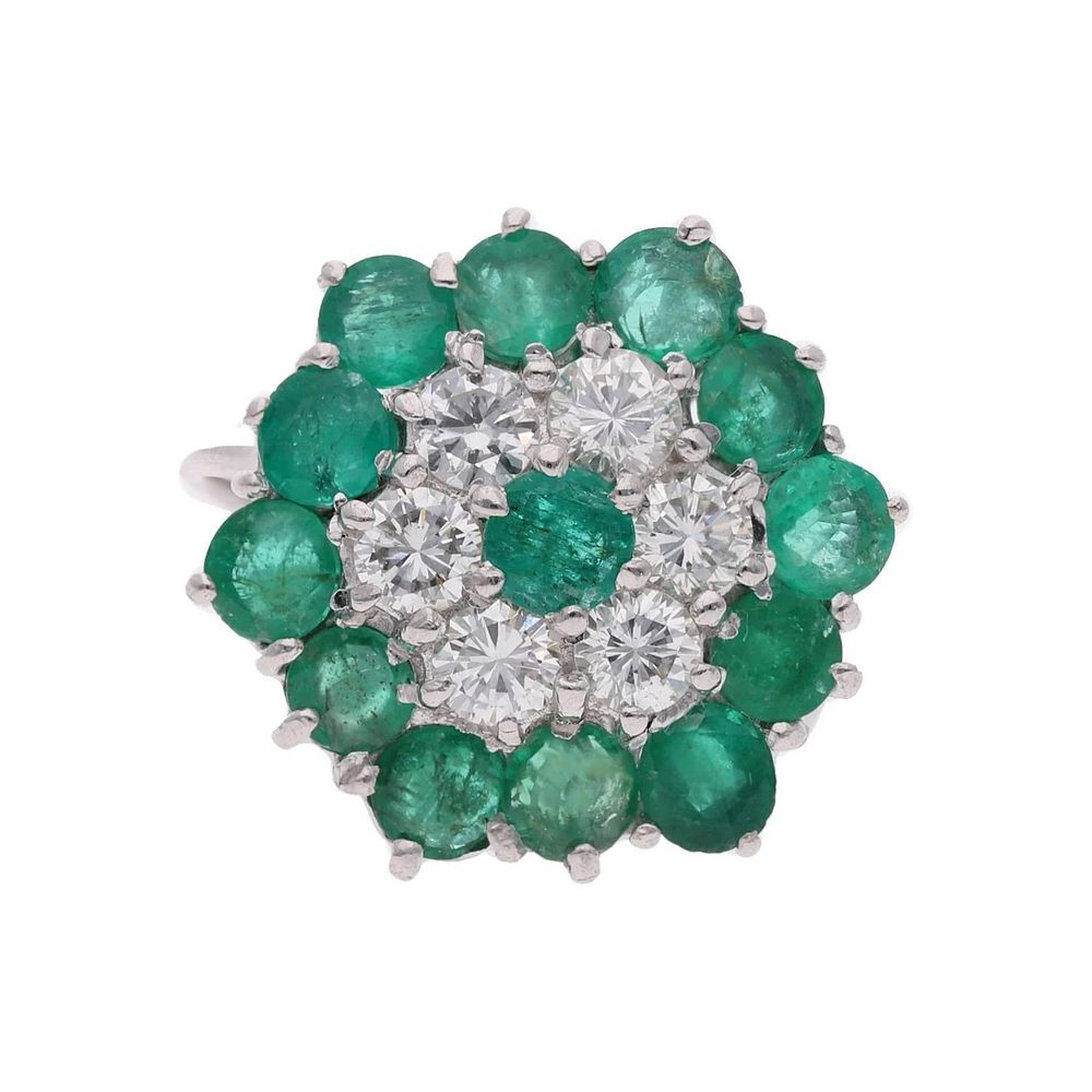 Lot 432: 18ct Gold Emerald and Diamond Cluster Ring, Size N