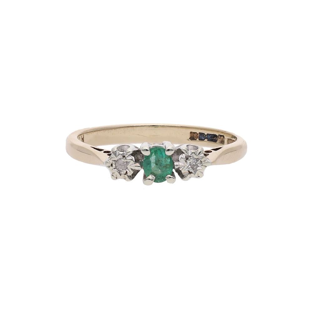 Lot 444: 9ct Gold emerald and Diamond Three Stone Ring, Size N.
