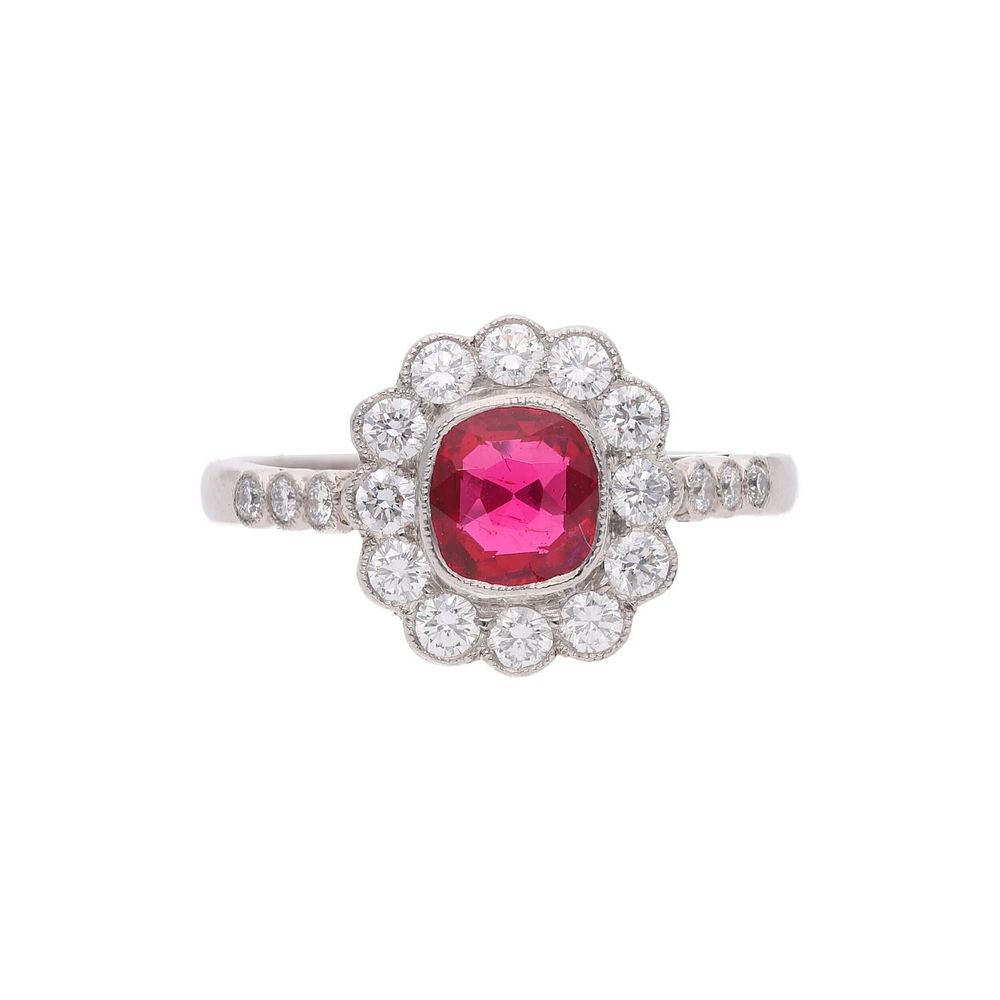 Lot 450: Platinum Red Spinel and Diamond Cluster Ring.