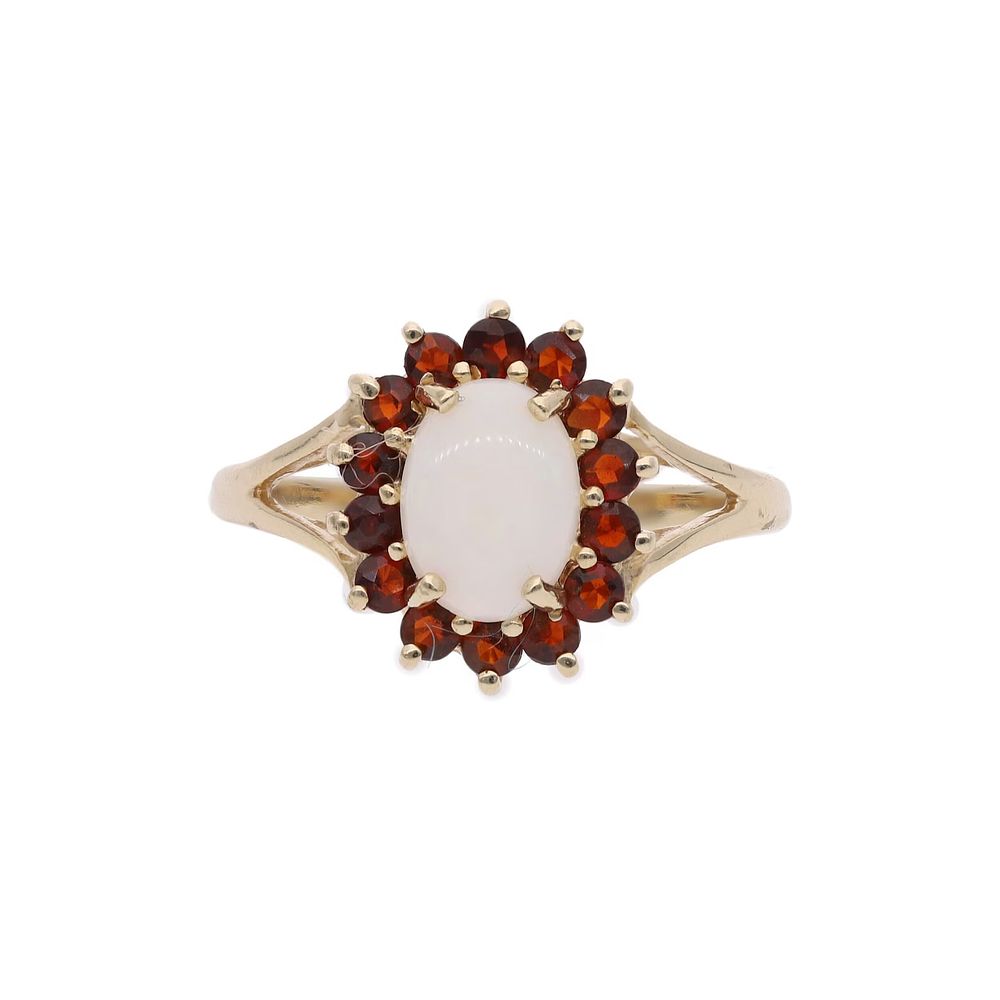 Lot 458: 9ct Gold Garnet and Opal Cluster Ring, Size P.