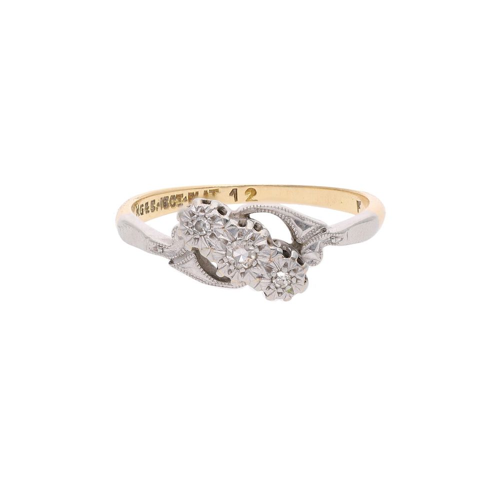 Lot 462: Antique 18ct Gold Platinum and Diamond Three Stone Ring, Size 6.5 | M 1/2