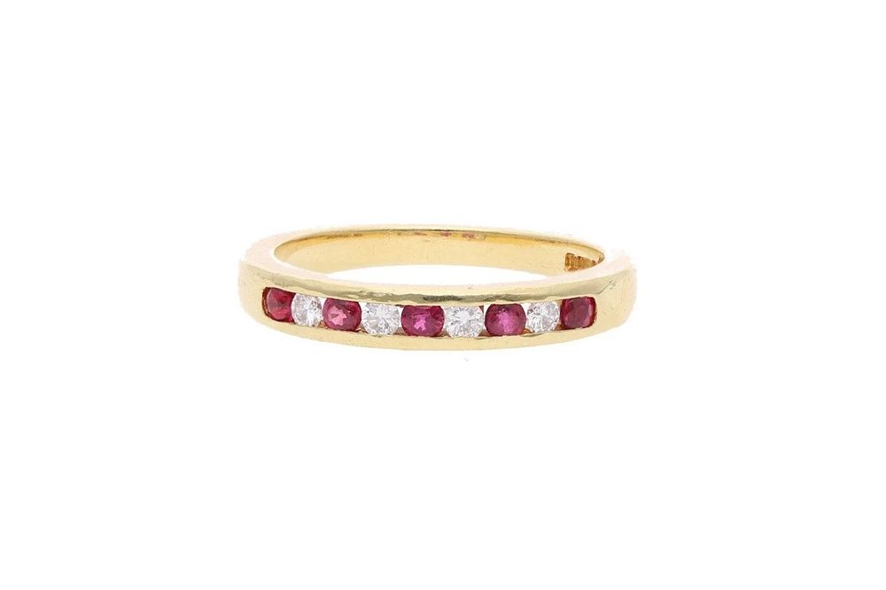 Lot 472: 18ct Gold Ruby and Diamond Half Eternity Ring, Size 6.5 | M 1/2.