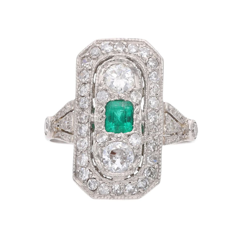 Lot 476: Art Deco Platinum Emerald and Diamond Ring.