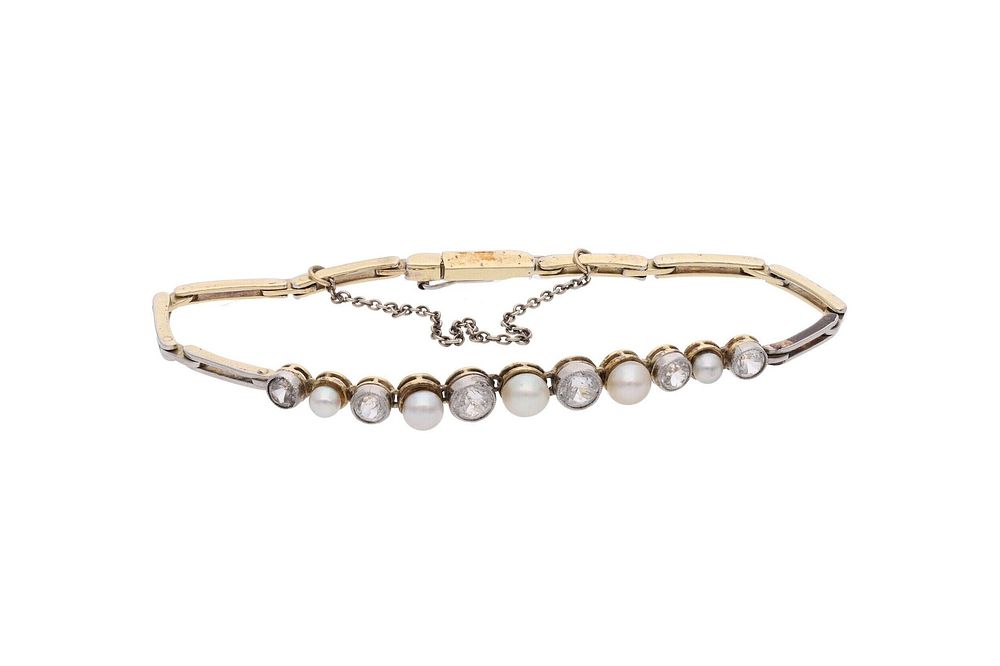 Lot 509: Antique 14ct Gold Pearl and Quartz Bracelet.