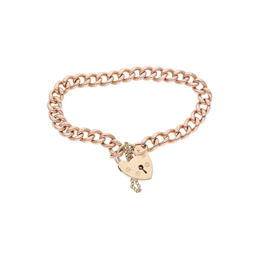 Lot 521: Heavy 9ct Rose Gold and Heart Padlock Charm Bracelet.