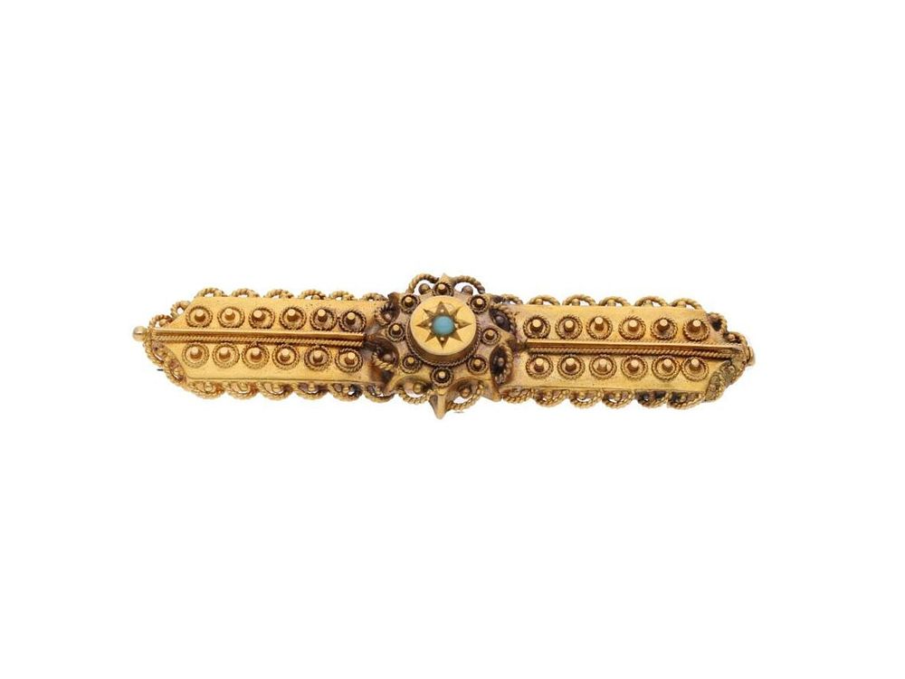 Lot 524: Antique 15ct Gold and Turquoise Brooch.
