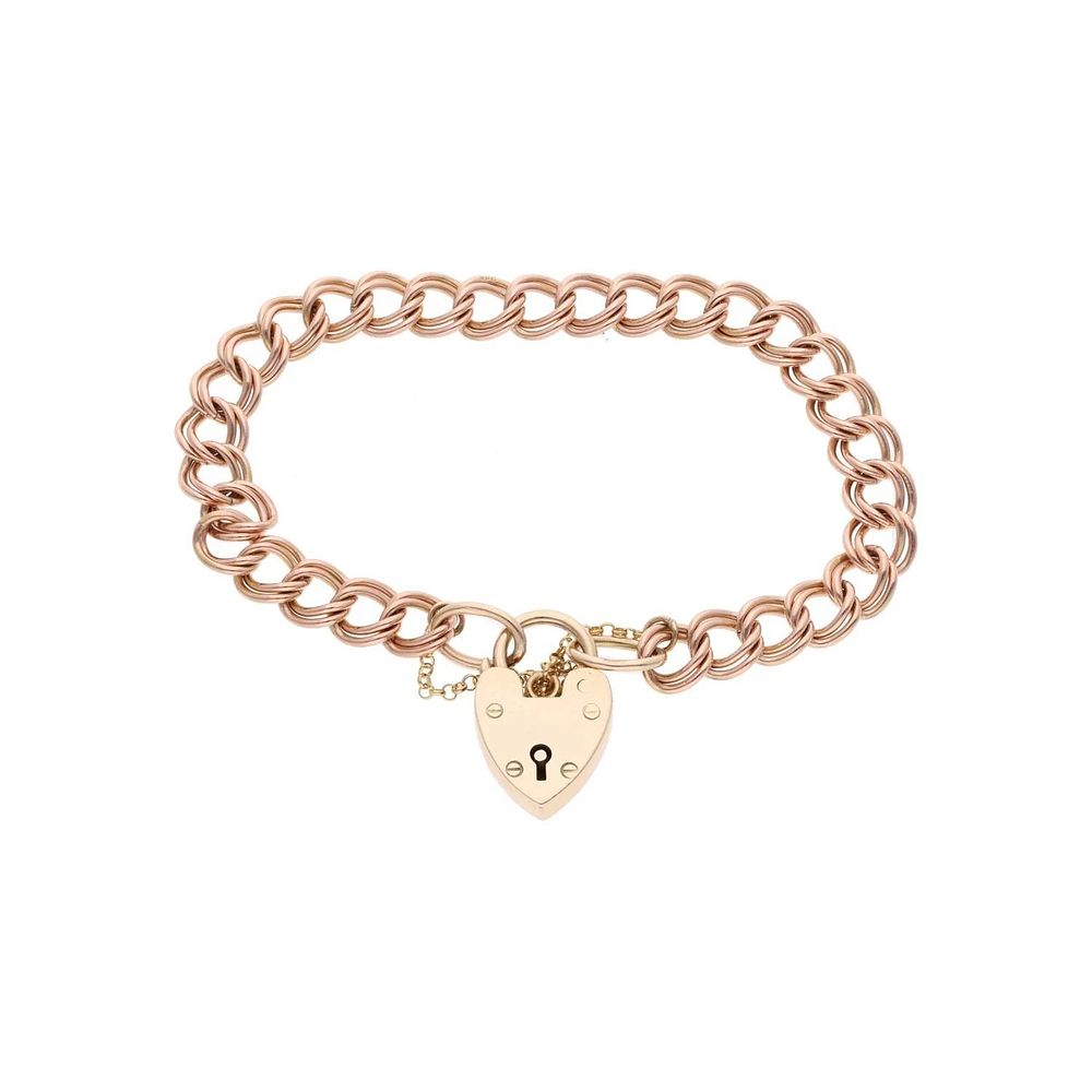 Lot 525: 9ct Rose Gold and Padlock Charm Bracelet.
