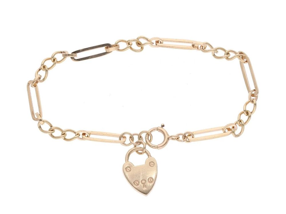 Lot 526: 9ct Gold and Hear Padlock Charm Bracelet, 7.5 Inch.