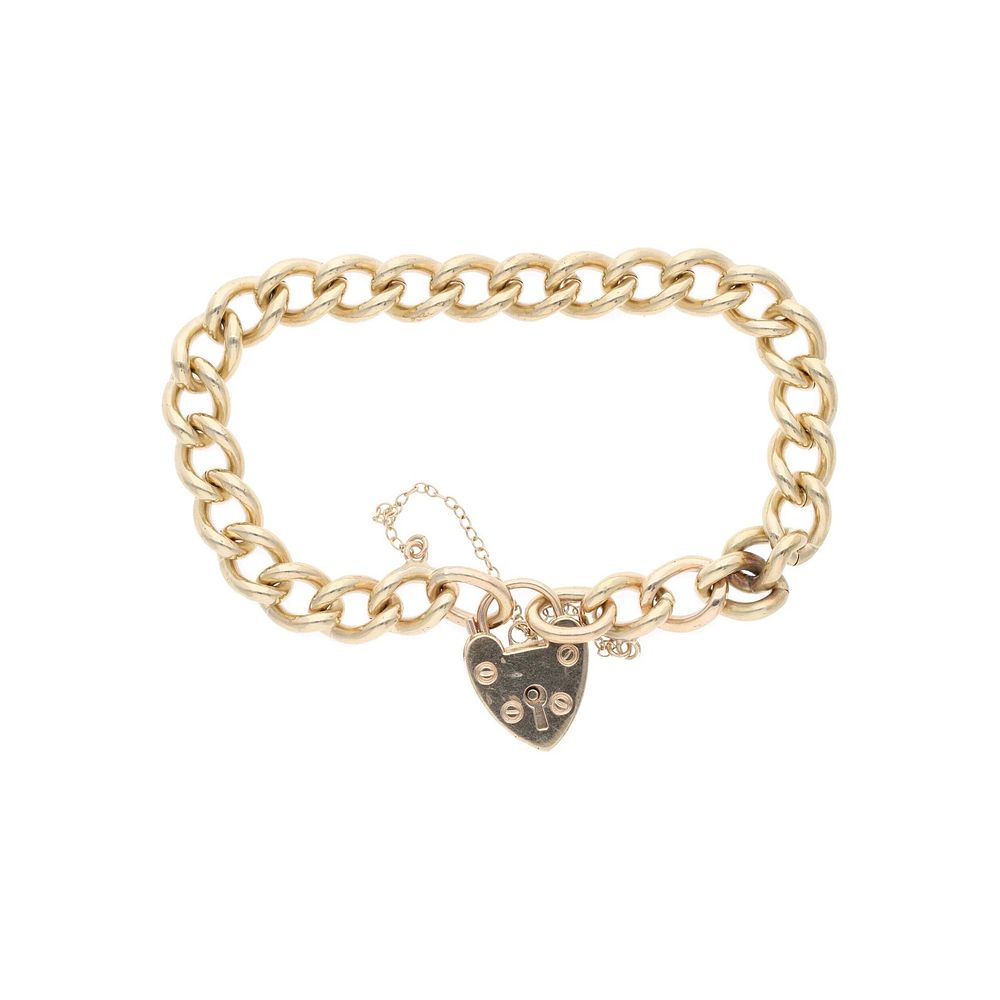 Lot 536: 9ct Gold Heart Padlock Link Charm Bracelet.
