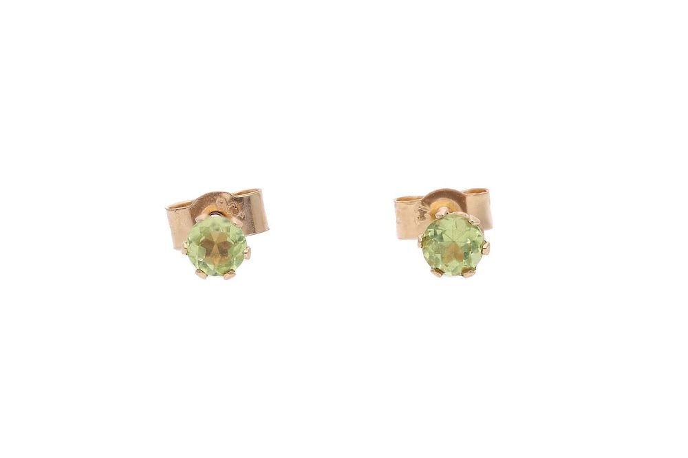 Lot 554: Small 9ct Gold and Peridot Stud Earrings.