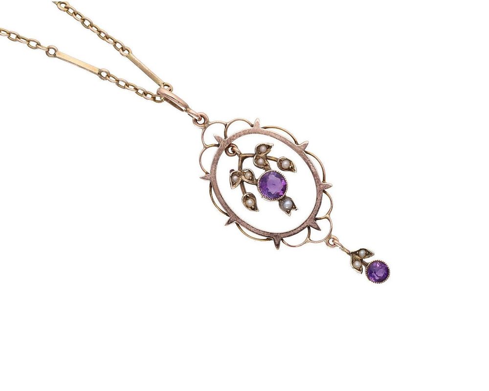 Lot 572: Antique 9ct Gold Amethyst and Pearl Necklace, 19 Inches Chain.