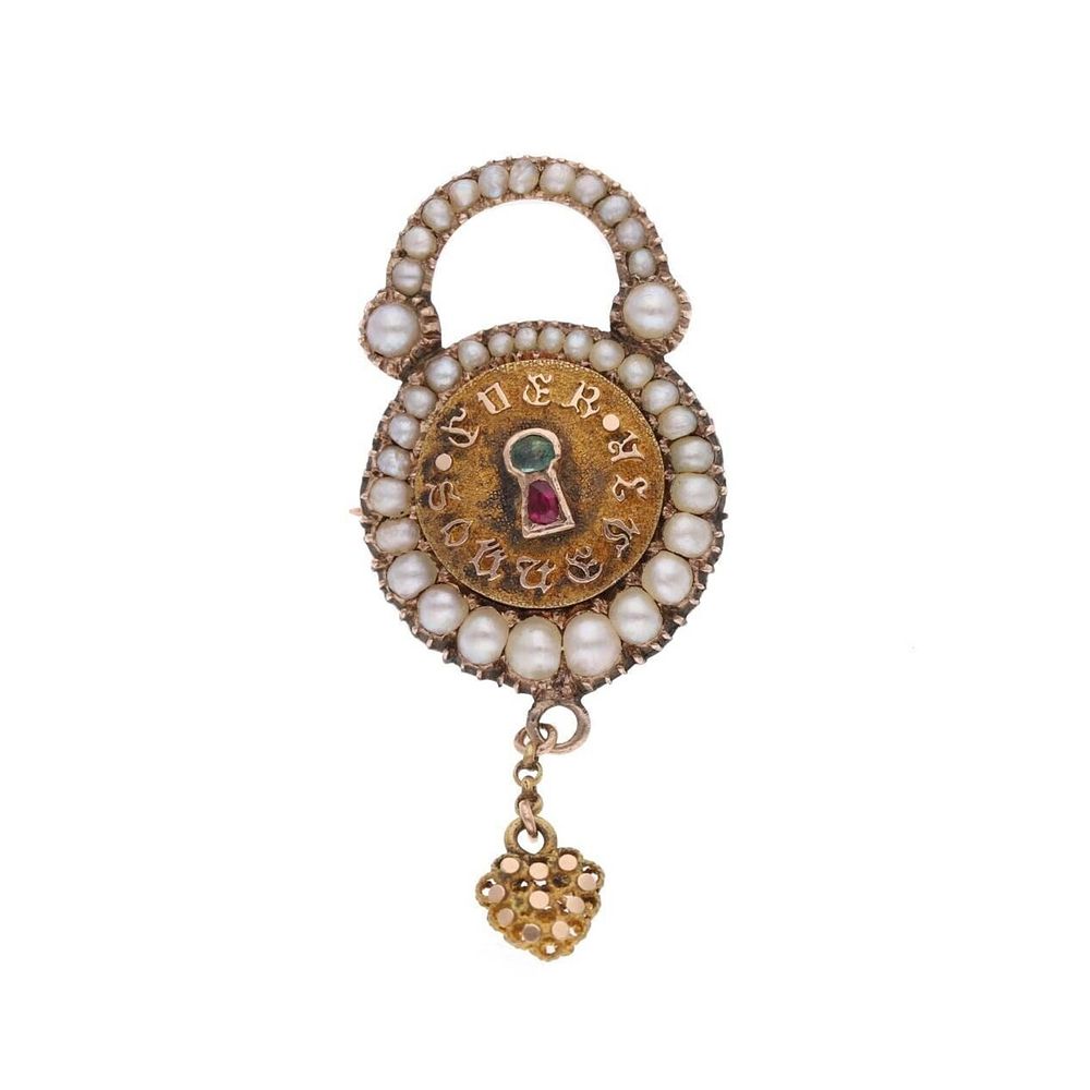 Lot 583: Antique 9ct Rose Gold Pearl, Emerald and Ruby Padlock Mourning Brooch.