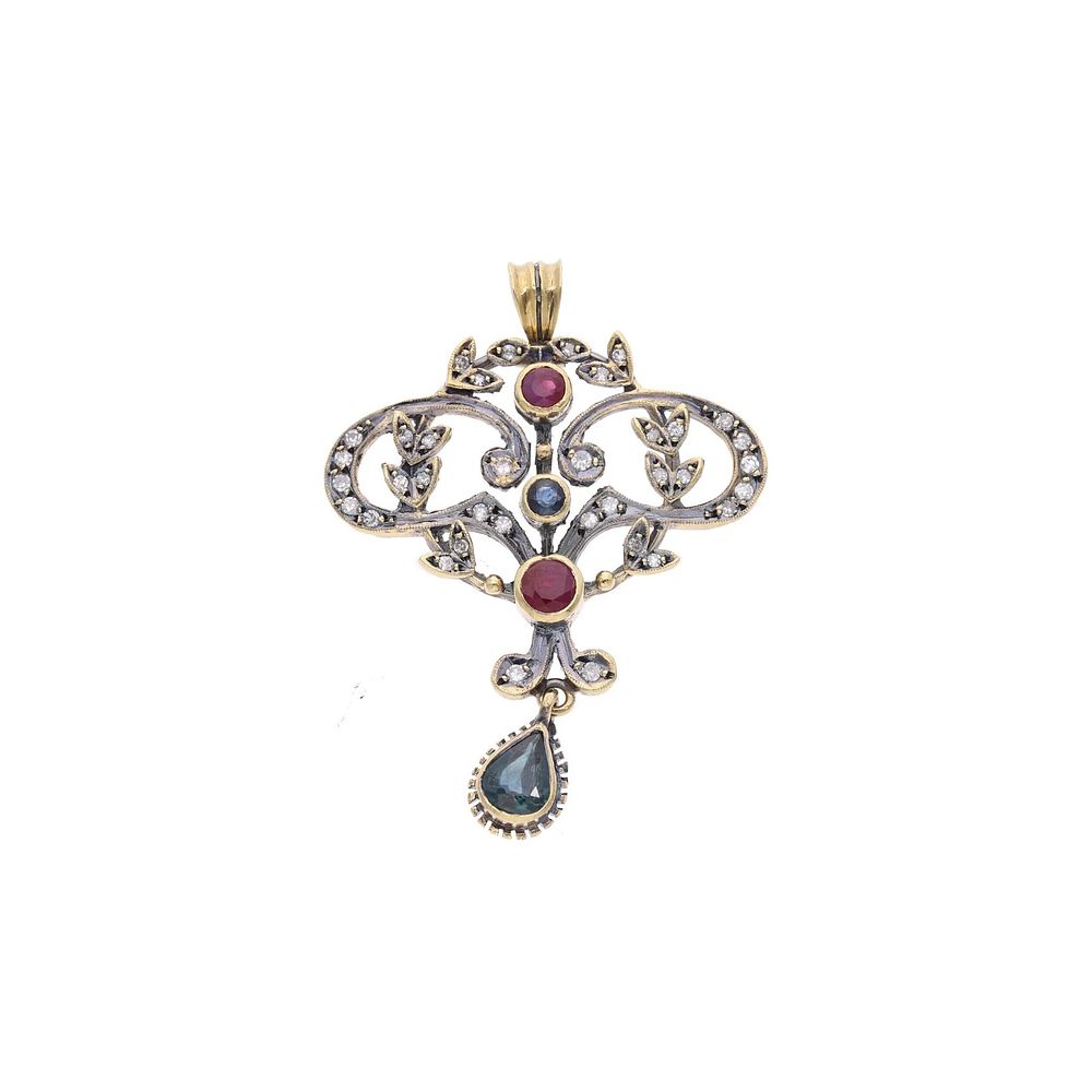 Lot 589: Antique 18ct Gold Diamond, Ruby and Sapphire Pendant