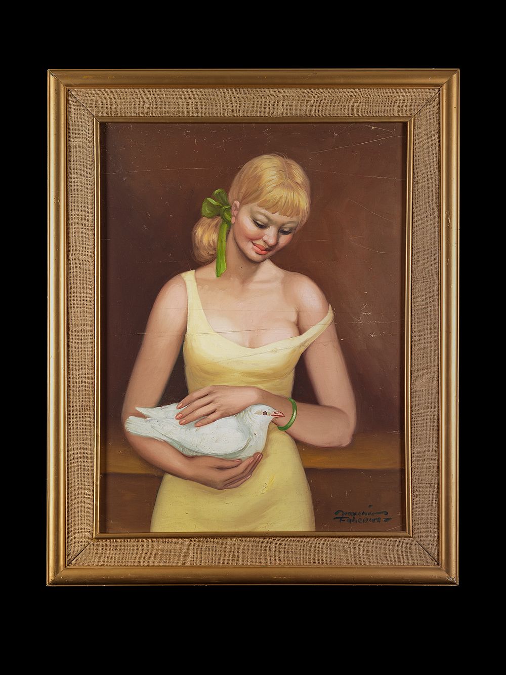 Lot 175: GIRL WITH A DOVE, OIL ON CANVAS PAINTING, MOUNIR FAHIM (EGYPTIAN 1935-1983)