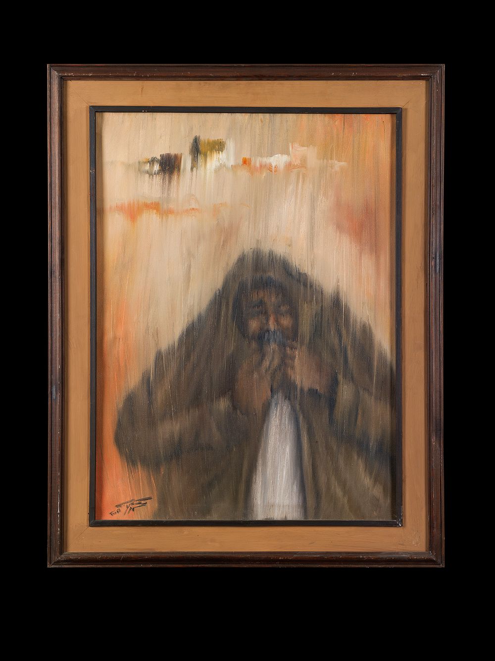 Lot 179: MAN SHELTERING FROM RAIN, OIL ON CANVAS, MOHAMED SHAKER (EGYPTIAN B. 1947)