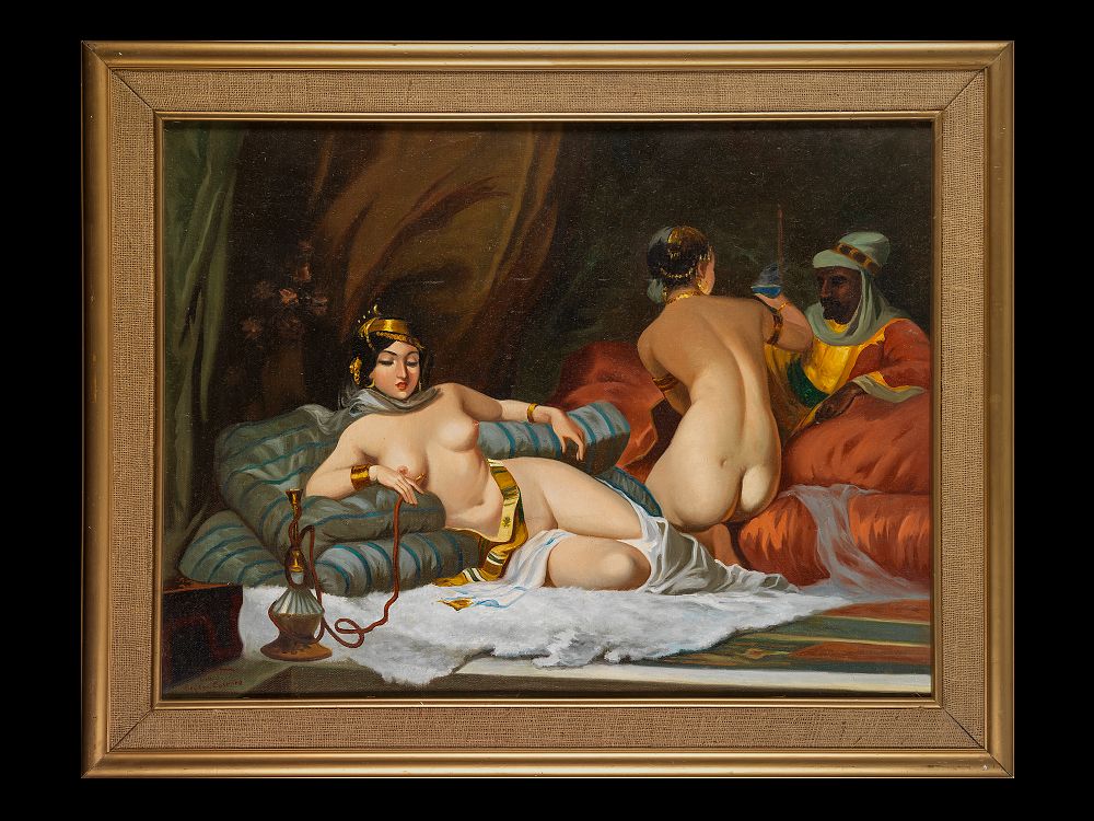 Lot 181: NAKED WOMEN SMOKING SHISHA, OIL ON CANVAS PAINTING, SAID ABD AL HALEEM (EGYPTIAN 20TH CENTURY), AFTER JEAN-LÉON GÉRÔME