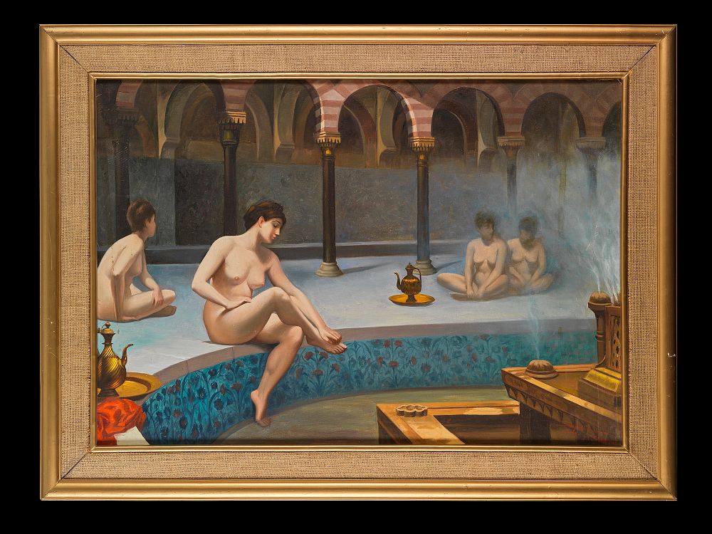 Lot 182: WOMEN IN A BATH, OIL ON CANVAS PAINTING, SAID ABD AL HALEEM (EGYPTIAN 20TH CENTURY), AFTER JEAN-LÉON GÉRÔME
