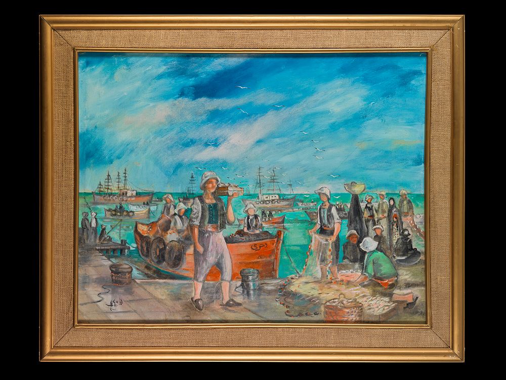 Lot 184: FISHERMEN, OIL ON CANVAS, ALI BAYOUMI (EGYPTIAN D. 2019)
