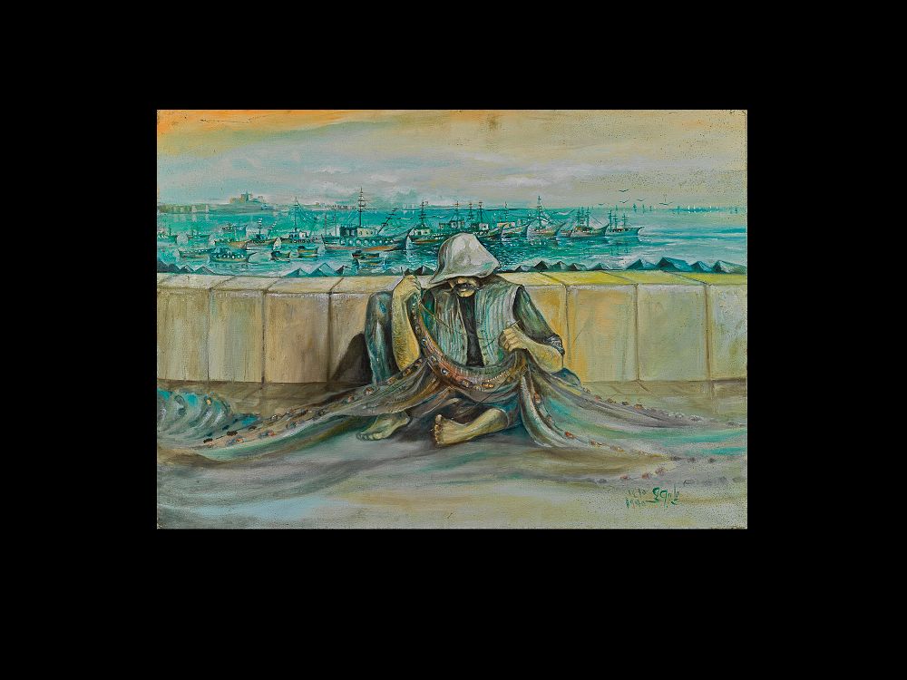 Lot 194: FISHERMAN WITH A NET, OIL ON CANVAS PAINTING, ALI BAYOUMI (EGYPTIAN D. 2019)