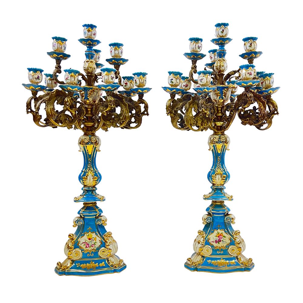 Lot 209: PAIR OF SKY BLUE SEVRES STYLE CANDELABRAS 