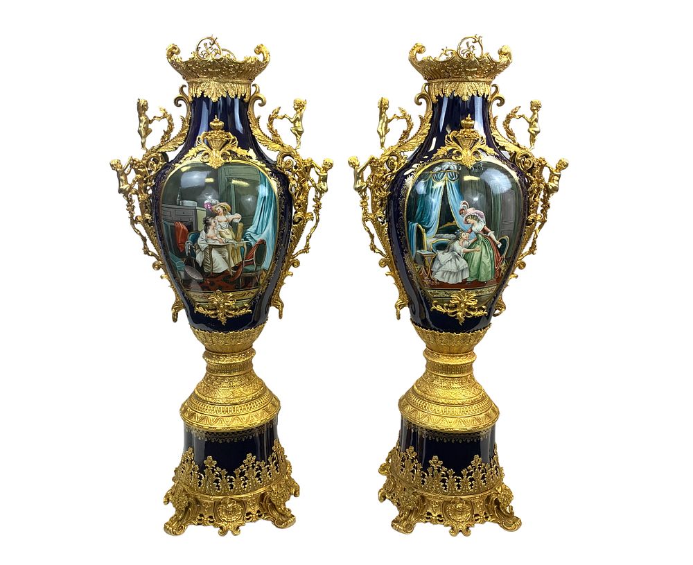 Lot 211: A LARGE PAIR OF PORCELAIN SEVRES STYLE VASES
