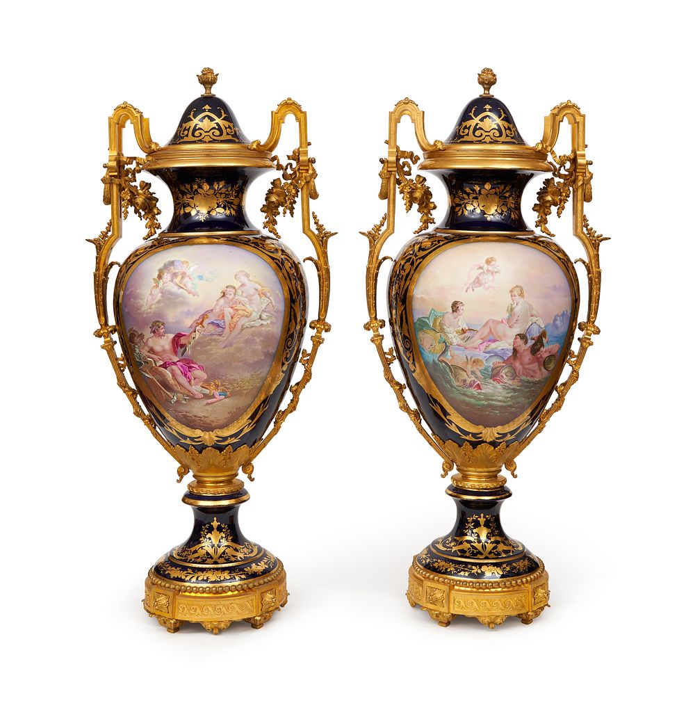 Lot 214: A LARGE PAIR OF FRENCH SEVRES STYLE VASES, 19TH CENTURY