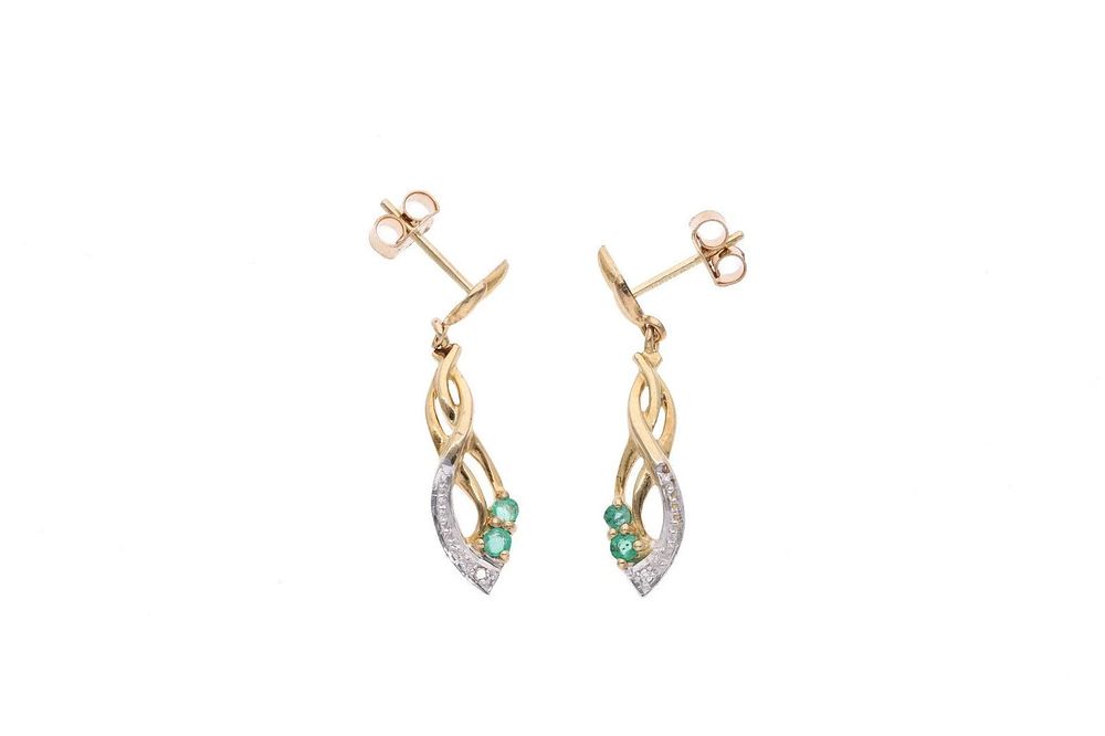 Lot 160: 9ct Gold Emerald and Diamond Dangling Earrings