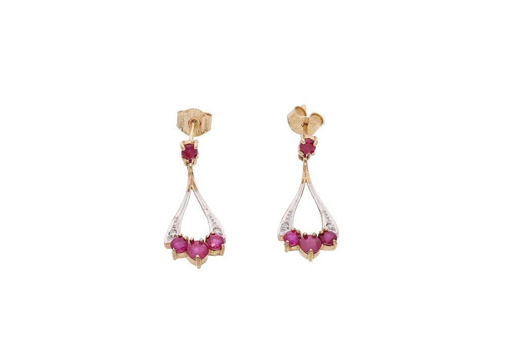 Lot 162: 9ct Gold Ruby and Diamond Drop Earrings.