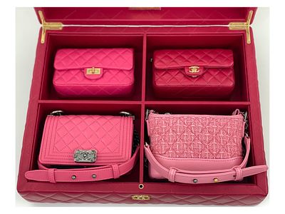 Chanel Metiers d'Art Collectors Box. Chanel Set of 4 mini bags Pink/Red in Various sizes. 